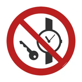   Zakaz wnoszenia przedmiotów metalowych i zegarków – podłogowy znak bezpieczeństwa 300 mm