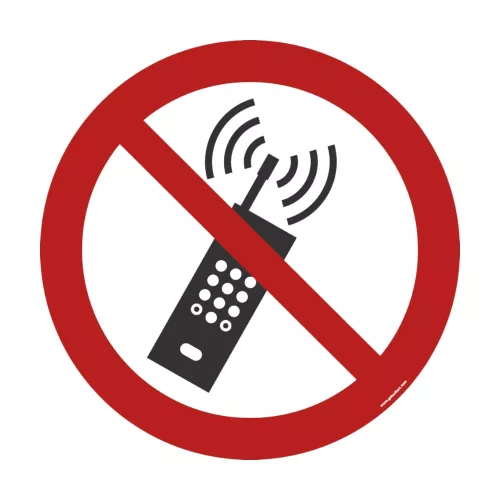 Zakaz używania włączonych telefonów komórkowych – podłogowy znak bezpieczeństwa 400 mm